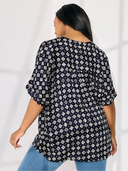 Yours Curve Blue Grown On Sleeve Notchneck Top - Image 3 of 5