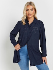 Yours Curve Blue Broderie Long Sleeve Shirt - Image 1 of 6