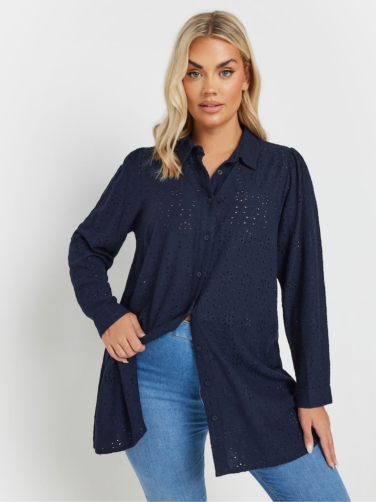 Yours Curve Blue Broderie Long Sleeve Shirt - Image 1 of 6