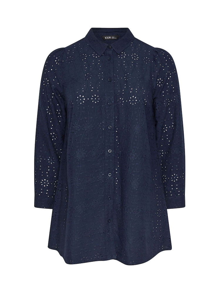 Yours Curve Blue Broderie Long Sleeve Shirt - Image 6 of 6