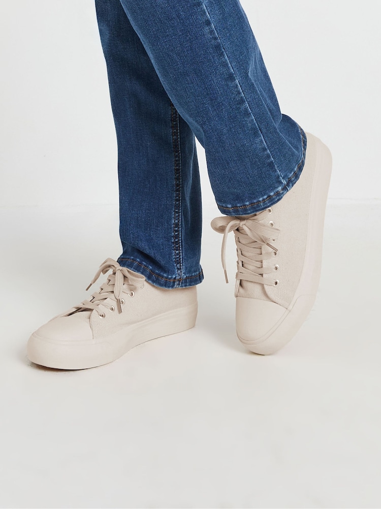 Long Tall Sally Natural Canvas Mid Flatform Trainers - Image 1 of 5 Long Tall Sally Natural Canvas Mid Flatform Trainers - Image 1 of 5