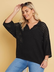 Yours Curve Black Collared Pointelle Jumper - Image 1 of 5