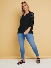 Yours Curve Black Collared Pointelle Jumper - Image 2 of 5