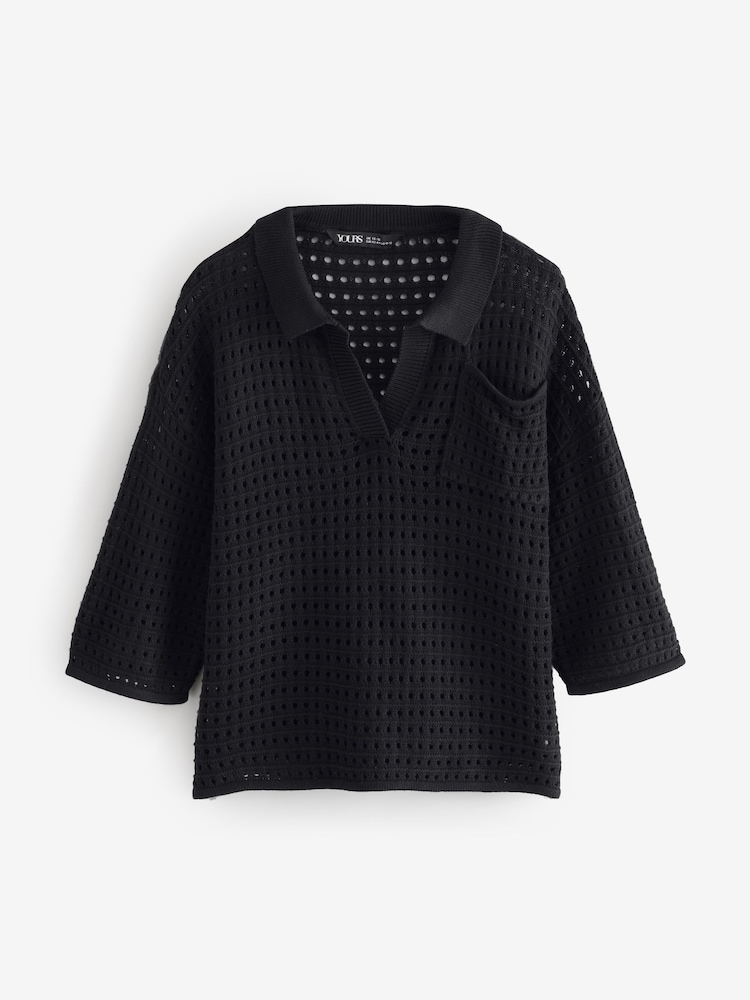 Yours Curve Black Collared Pointelle Jumper - Image 5 of 5