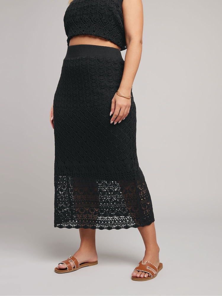 Yours Curve Black Co-ord Pointelle Stitch Skirt - Image 2 of 9