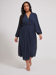 Yours Curve Blue London Dobby Wrap Dress With Bellow Sleeve - Image 1 of 5