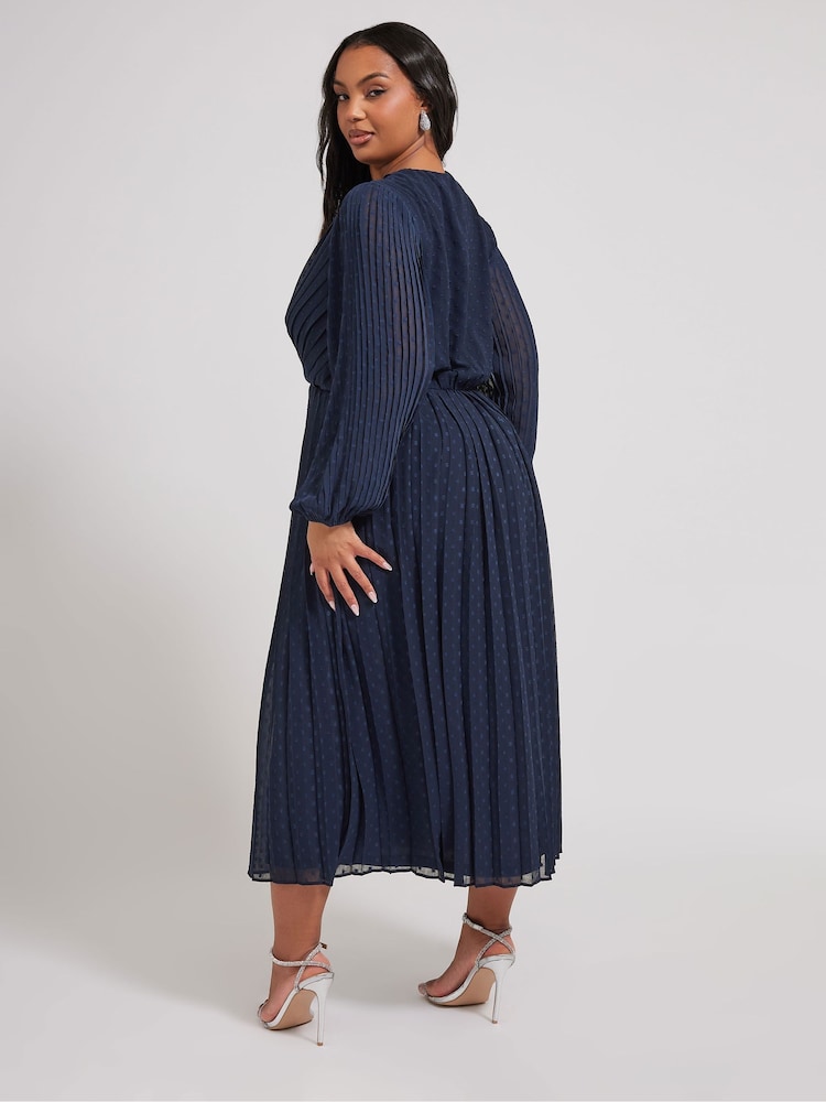 Yours Curve Blue London Dobby Wrap Dress With Bellow Sleeve - Image 2 of 5