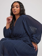 Yours Curve Blue London Dobby Wrap Dress With Bellow Sleeve - Image 3 of 5