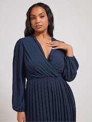 Yours Curve Blue London Dobby Wrap Dress With Bellow Sleeve - Image 4 of 5