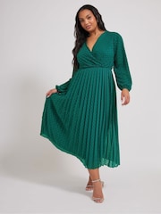 Yours Curve Green London Dobby Wrap Dress With Bellow Sleeve - Image 1 of 5