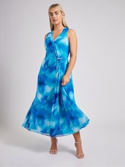 Yours Curve Blue London V-Neck Mesh Drape Maxi Dress - Image 1 of 5