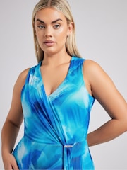 Yours Curve Blue London V-Neck Mesh Drape Maxi Dress - Image 4 of 5