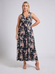 Yours Curve Blue London V-Neck Mesh Drape Maxi Dress - Image 1 of 6