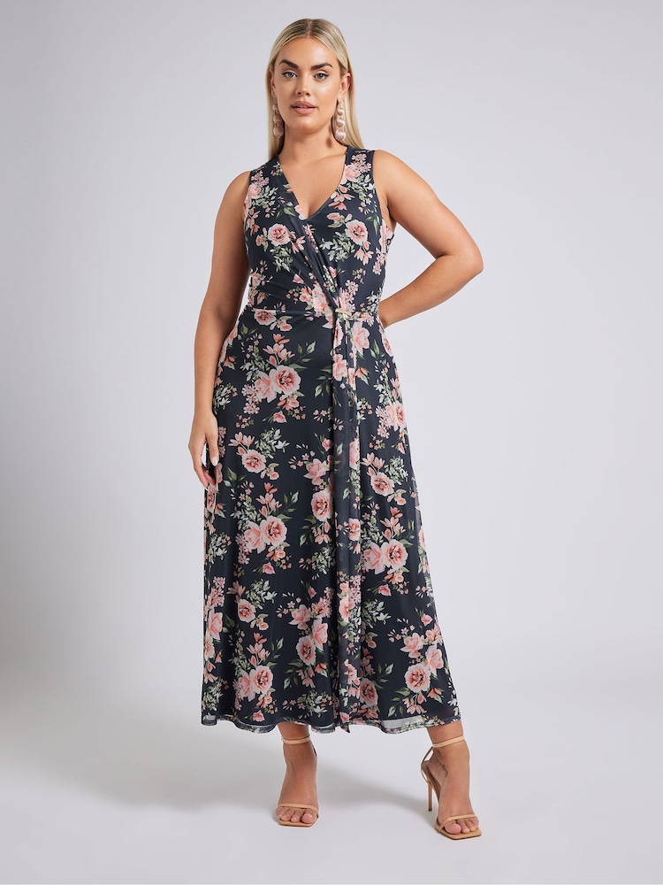 Yours Curve Blue London V-Neck Mesh Drape Maxi Dress - Image 1 of 6