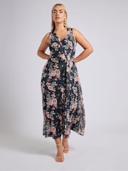 Yours Curve Blue London V-Neck Mesh Drape Maxi Dress - Image 2 of 6