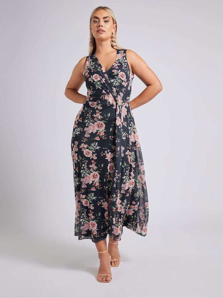 Yours Curve Blue London V-Neck Mesh Drape Maxi Dress - Image 2 of 6