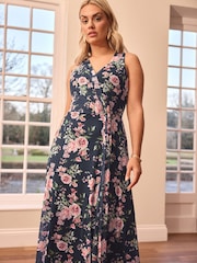 Yours Curve Blue London V-Neck Mesh Drape Maxi Dress - Image 3 of 6