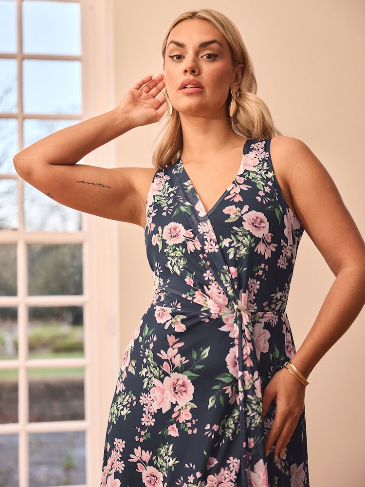 Buy Yours Curve Blue London V-Neck Mesh Drape Maxi Dress from Next USA