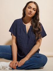 Yours Curve Blue 100% Cotton Dobby Blouse - Image 1 of 6
