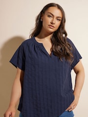 Yours Curve Blue 100% Cotton Dobby Blouse - Image 2 of 6