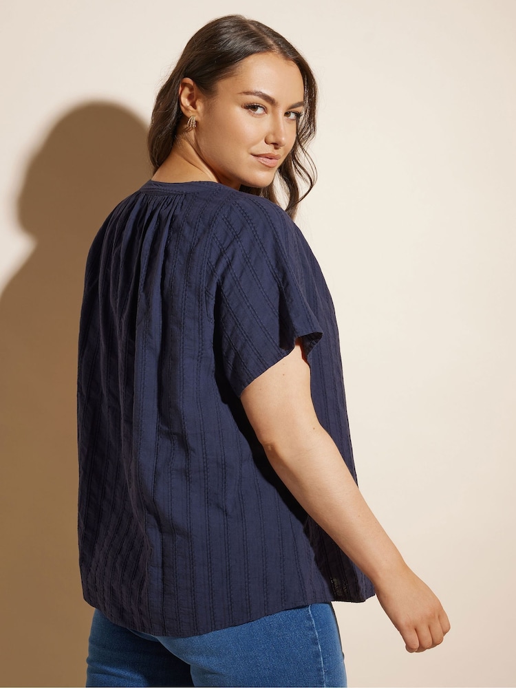 Yours Curve Blue 100% Cotton Dobby Blouse - Image 4 of 6