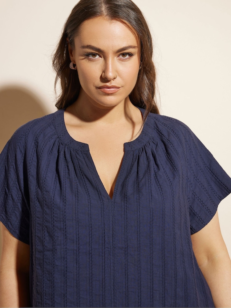 Yours Curve Blue 100% Cotton Dobby Blouse - Image 5 of 6