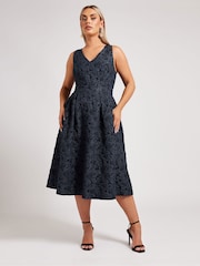 Yours Curve Blue London Jacquard V-Neck Prom Skater Dress - Image 1 of 5