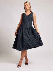 Yours Curve Blue London Jacquard V-Neck Prom Skater Dress - Image 2 of 5