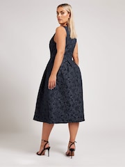 Yours Curve Blue London Jacquard V-Neck Prom Skater Dress - Image 3 of 5