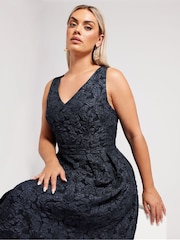 Yours Curve Blue London Jacquard V-Neck Prom Skater Dress - Image 4 of 5