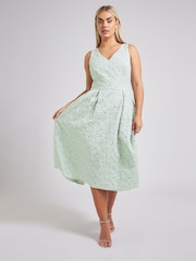 Yours Curve Green London Jacquard V-Neck Prom Skater Dress - Image 1 of 5