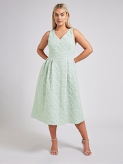 Yours Curve Green London Jacquard V-Neck Prom Skater Dress - Image 2 of 5