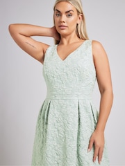 Yours Curve Green London Jacquard V-Neck Prom Skater Dress - Image 4 of 5