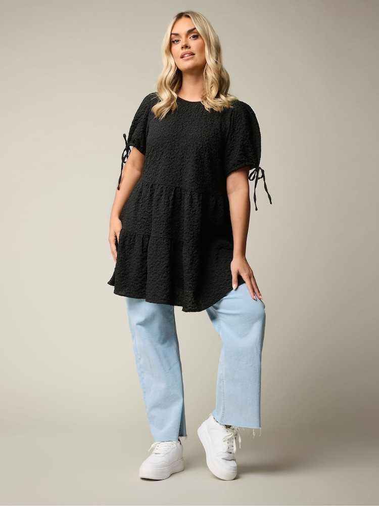Yours Curve Black Textured Ditsy Tiered Smock Top - Image 2 of 6