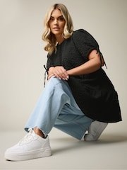 Yours Curve Black Textured Ditsy Tiered Smock Top - Image 3 of 6