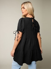 Yours Curve Black Textured Ditsy Tiered Smock Top - Image 4 of 6