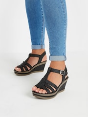 Yours Curve Black Wide Fit Extra Wide Fit T-Bar Heeled Sandals - Image 1 of 2