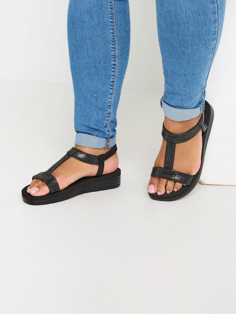 Yours Curve Black Wide Fit Extra-Wide Fit Diamante T Bar Sandal - Image 1 of 5