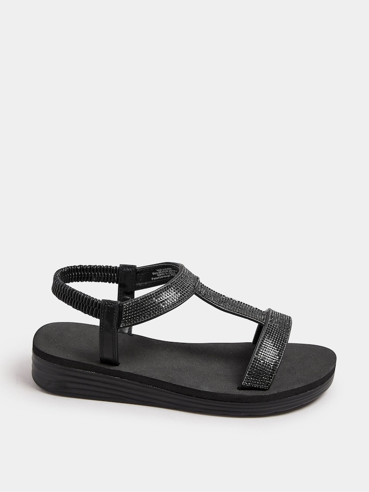 Yours Curve Black Wide Fit Extra-Wide Fit Diamante T Bar Sandal - Image 2 of 5