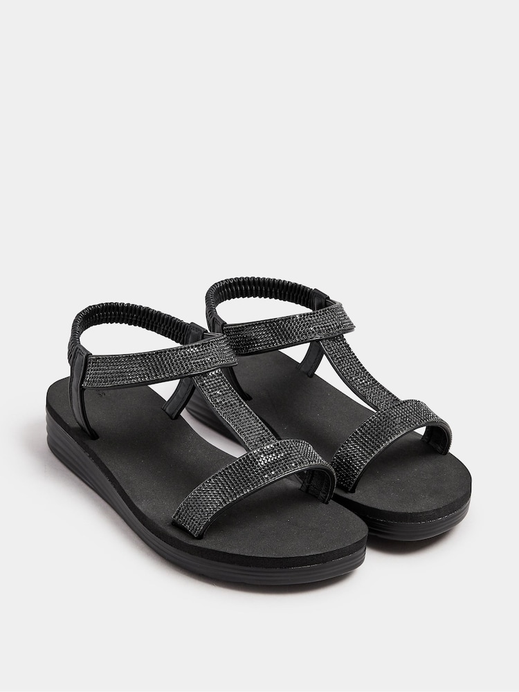 Yours Curve Black Wide Fit Extra-Wide Fit Diamante T Bar Sandal - Image 3 of 5