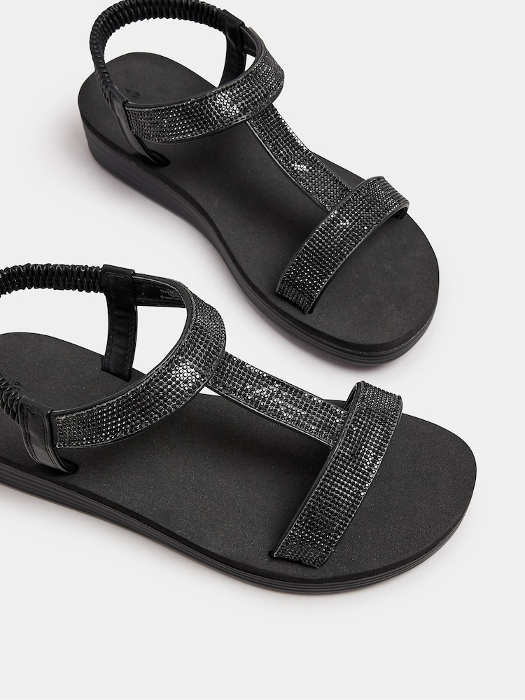 Yours Curve Black Wide Fit Extra-Wide Fit Diamante T Bar Sandal - Image 4 of 5