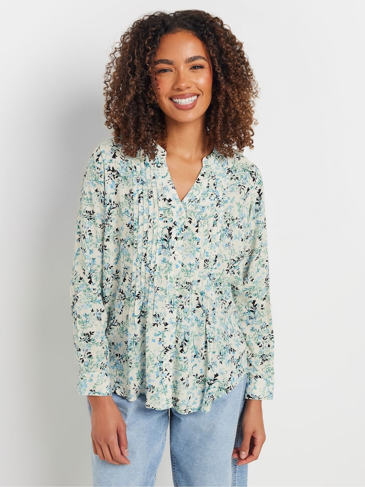 M&Co Green Pintuck Long Sleeve Printed Top - Image 1 of 5