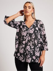 Yours Curve Black London Pleated Front Blouse - Image 1 of 5