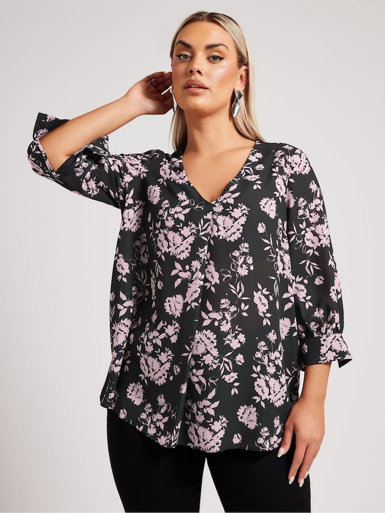 Yours Curve Black London Pleated Front Blouse - Image 1 of 5