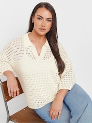 Yours Curve Natural Collared Pointelle Jumper - Image 1 of 5