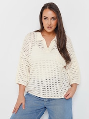 Yours Curve Natural Collared Pointelle Jumper - Image 2 of 5