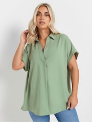 Yours Curve Green Collared Pleated Front Short Sleeve Blouse - Image 1 of 5