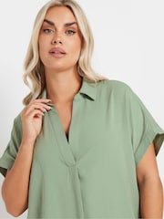 Yours Curve Green Collared Pleated Front Short Sleeve Blouse - Image 2 of 5