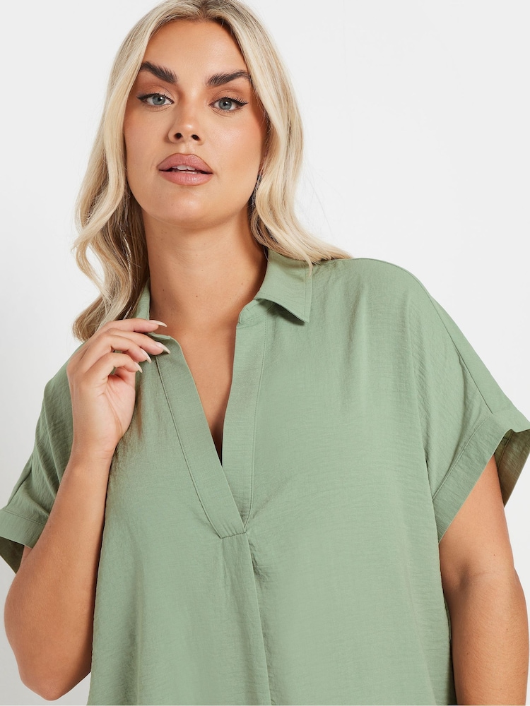 Yours Curve Green Collared Pleated Front Short Sleeve Blouse - Image 2 of 5