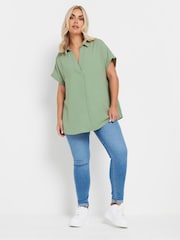 Yours Curve Green Collared Pleated Front Short Sleeve Blouse - Image 3 of 5